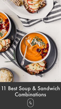 two bowls of soup and sandwiches on plates