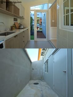 before and after pictures of a kitchen with an open door to the outside area, then inside