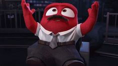 an animated character sitting on a chair with his arms in the air and hands up