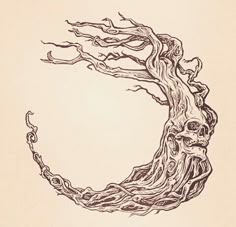 an ink drawing of a tree with a crescent shaped branch on it's side
