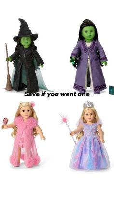 three dolls with different costumes and words on them that say, save if you want one