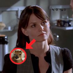 a woman with a dog's head in the middle of her face and an arrow pointing to it