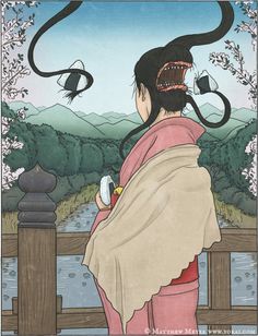 a woman in a kimono looking out over a river with two snakes on her head