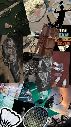 a collage of tennis related items including racquets, fan and flowers