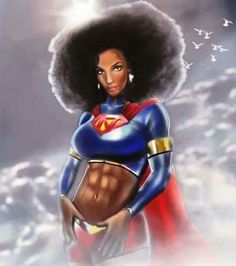a woman with an afro standing in the clouds
