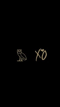 an owl sitting on top of a wooden table next to the word xo written in gold ink