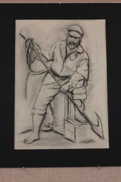 a drawing of a man holding a shovel