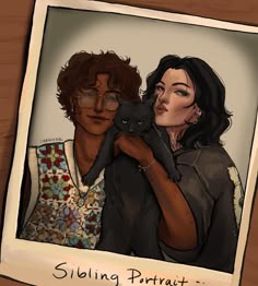 a woman holding a black cat in her arms with the caption sibling portrait's