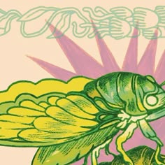 a drawing of a green insect on top of a yellow flower with the words, grasshopper