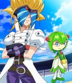 two anime characters standing next to each other