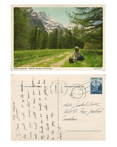 an old postcard shows a man sitting on a bench in front of a mountain