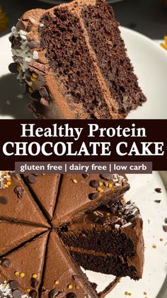 a slice of chocolate cake on a plate with the words healthy protein chocolate cake above it