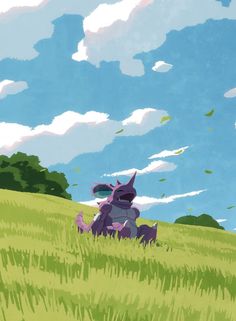 an animated image of two animals in a grassy field with trees and clouds behind them
