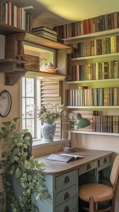 an old desk with bookshelves in the background and a potted plant on top