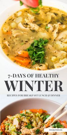 the cover of 7 days of healthy winter recipes for breakfast, lunch and dinner with chicken