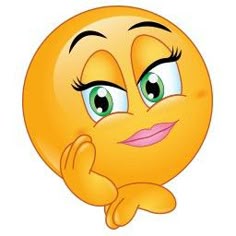 an emoticive yellow smiley face with green eyes and hands on his chin looking up