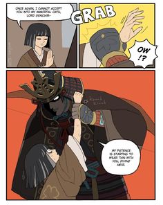 a comic strip with an image of two people in armor and one is talking to the other