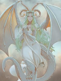 a painting of a woman with wings on top of a dragon