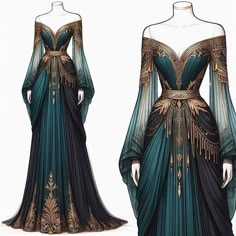 Fantasy Fashion Design, Asgard Dress, Luxury Dresses For Larp For Women, Feyre Gold And Turquoise Dress, Elven Dresses Fantasy Gowns, Luxury Medieval Style Dresses For Larp, Asgard Dress Goddesses, Asgardian Dress Goddesses, Green And Gold Fantasy Dress
