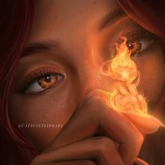 a close up of a woman's face with fire coming out of her eye