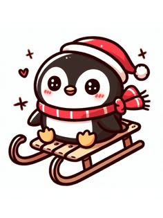 a penguin is riding on a sled with a santa hat and scarf around its neck