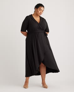 Fall Midi-length Wrap Dress, Flowy Midi-length Wrap Dress With Tie Waist, Plus Size Wrap Dress Casual, Wrap Dress Plus Size, Chic Flowy Knee-length Wrap Dress, Plus Wrap Dress, Wrap Dress For Plus Size Women, Chic Cotton Wrap Dress, Midi Length, Plus Size Black Wrap Dress