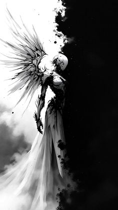 a drawing of an angel standing in the clouds