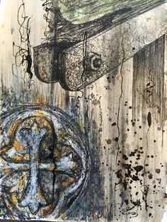 an abstract painting with black and white inks on paper, including a cross in the center