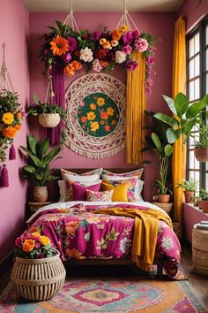 a bedroom decorated in bright colors with flowers on the wall and plants hanging from the ceiling
