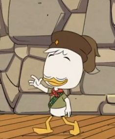 a cartoon character is standing in front of a stone wall and looking at the floor