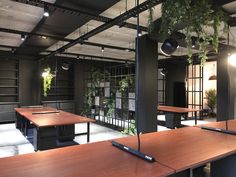 an empty conference room with wooden tables and hanging plants