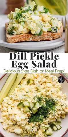 an egg salad on a plate with the title text overlay reads dill pickle egg salad delicious side dish or meal prep