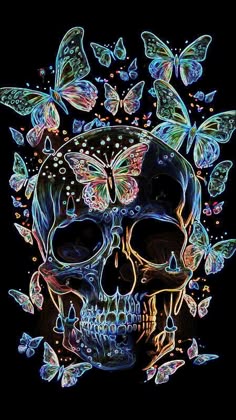 a skull with butterflies on it's head is shown in the image, which appears to be colored
