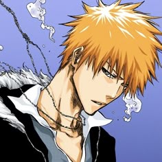 an anime character with orange hair and piercings in front of a blue sky background