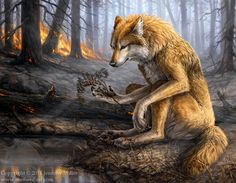 a painting of a wolf sitting on a log in the woods with fire burning behind it