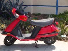 a red scooter parked in front of a building with plants and flowers around it