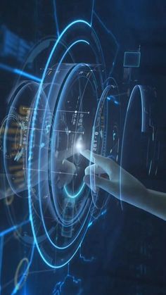 a hand touching the center of a futuristic clock with blue light coming from behind it