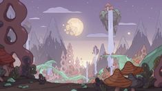 a cartoon scene with mountains and trees in the background