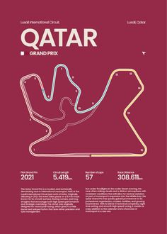 the poster for qatar grand prix in red and white, with an image of a race track