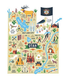 a map of the state of utah with all its major attractions and colors, including flags