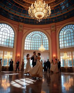 two people dancing in a large ballroom with chandelier and windows above the dance floor