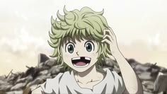 an anime character with blonde hair is making a funny face and holding his hand up to his head
