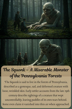 A large, wrinkled, humanoid cryptid sits crying in a forest while two curious hunters watch from a distance; puddles of tears form beneath it.