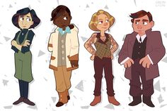 three people are standing next to each other