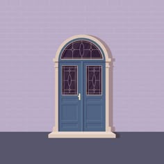 an open blue door with arched glass on a purple brick wall, in front of a doorway