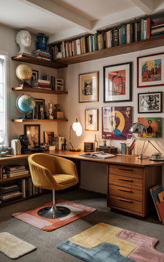 a home office with bookshelves and pictures on the wall above it, along with a chair