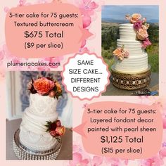 three tier cake for 75 guests $ 595 total per slice same size cake different designs