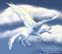 a white wolf flying through the sky with clouds