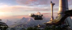 an image of futuristic city with mountains in the back ground and people walking around it