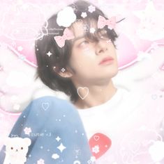 a girl with her hair in the air looking up at stars and hearts above her head